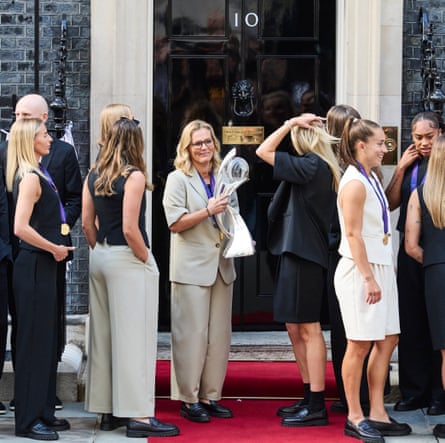 Sarina Wiegman the England manager with the trophy outside No 10 after the win in Basel.