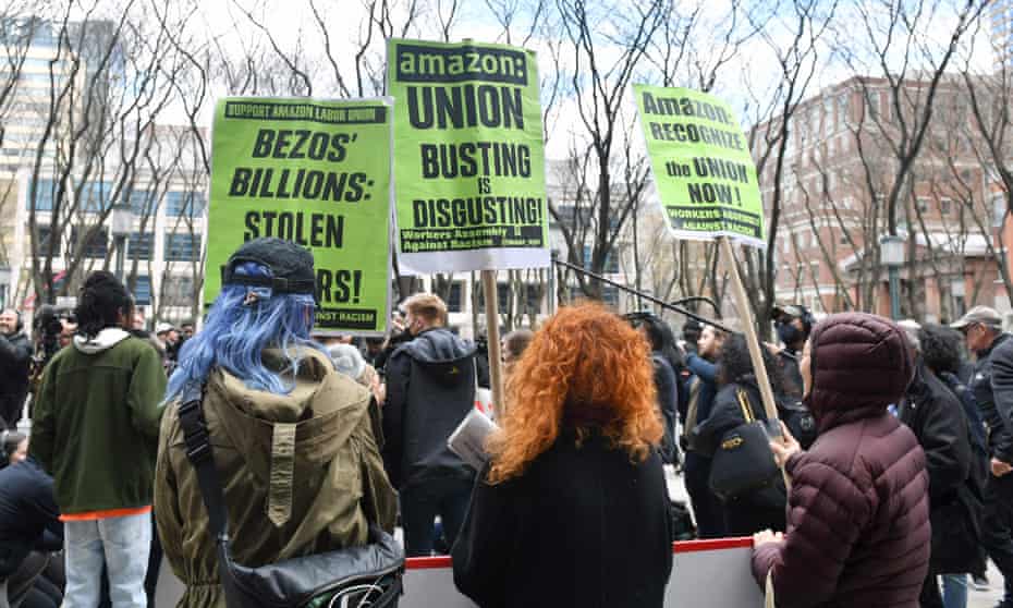 Amazon workers protest in New York on 1 April. 