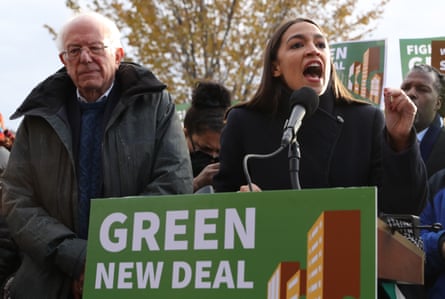 Bernie Sanders and Alexandria Ocasio-Cortez hold a news conference to introduce Green New Deal legislation in Washington DC.