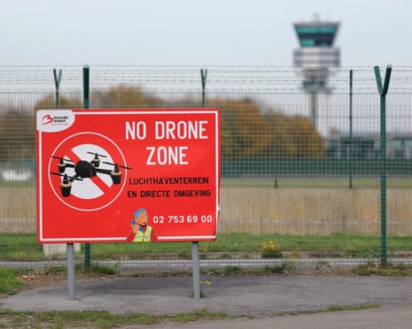 A “No Drone Zone” placard is seen at Brussels international Airport in Zaventem.