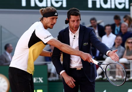 Zverev remonstrates with umpire, Renaud Lichtenstein, as the match slipped from his grasp.