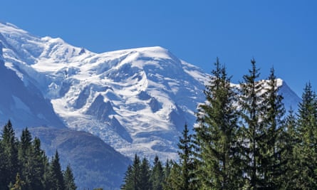 French side of Mont Blanc massif with Dome du Gouter mountain peak/summit and Glacier des Bossons in summer, Haute-Savoie, France.