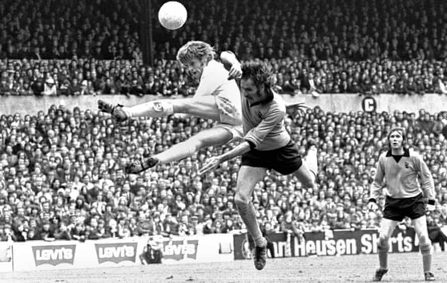 Wolves’ Derek Dougan taking on Leeds’ Gordon McQueen in 1973
