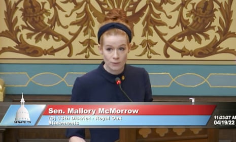 Mallory McMorrow<br>This image taken from video provided by the Michigan Senate shows Sen. Mallory McMorrow speaking on Tuesday, April 19, 2022. The Michigan lawmaker, mother and LGBTQ rights backer who was falsely accused of wanting to "groom' kids" by a Republican colleague drew widespread praise for defending herself in a 5-minute speech from the Senate floor. McMorrow, who has not gotten an apology, said she will not stop forcefully addressing such attacks. (Michigan Senate via AP)