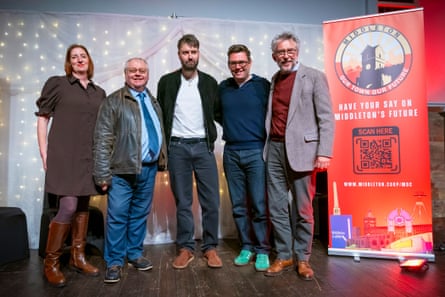 Middleton MDC launch event; L-R; Mayor Rose Marley, Neil Emmott, Leader of Rochdale Borough Council Courteeners frontman Liam Fray, Andy Burham, the then mayor of Greater Manchester