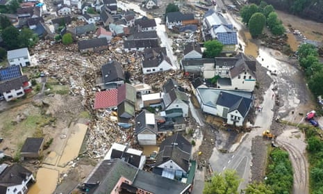 A photo taken with a drone shows the devastation caused by the flooding of the Ahr River in the Eifel village of Schuld, western Germany.