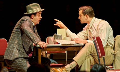 Daniel Mays as Nathan Detroit and Andrew Richardson  as Sky Masterson in Guys and Dolls at the Bridge theatre.