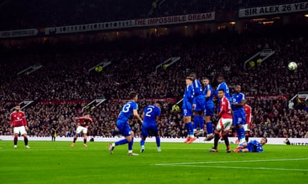 Bruno Fernandes’s free-kick is deflected in for United’s third goal.
