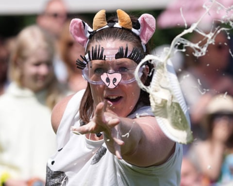 A person in a cow costume with exaggerated eyelashes and pink snout hurls a pie at an outdoor event