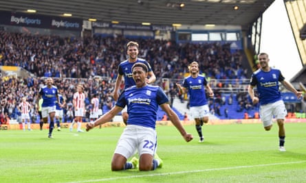 Jude Bellingham celebrates scoring for Birmingham against Stoke in a Championship game in 2019.