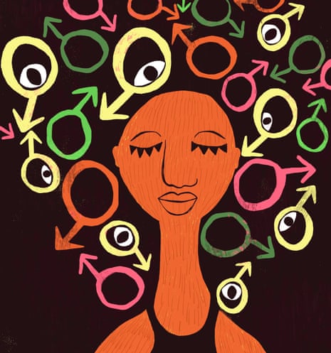 Illustration of a woman with male symbols making up an afro hairstyle