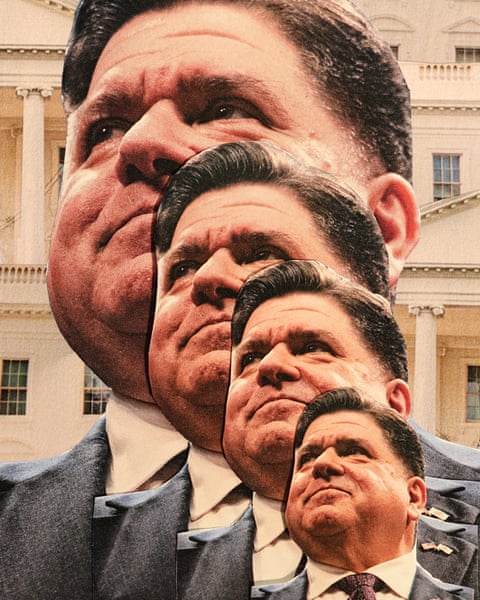 Collage of four overlapping portraits of JB Pritzker in increasing sizes against a White House backdrop