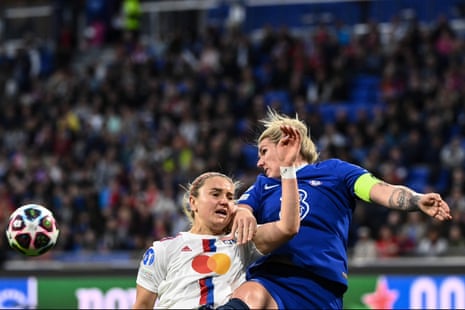 Lyon 0-1 Chelsea: Women’s Champions League quarter-final – live reaction | Women's Champions League | The Paradise Millie Bright clears the ball from Lyon’s Ellie Carpenter.