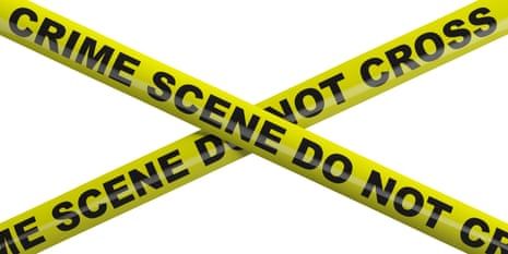 Two strips of yellow "crime scene do not cross" tape form an X shape against white