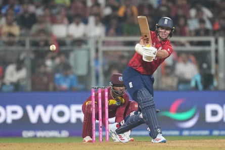 England's Sam Curran plays a shot during the T20 World Cup cricket match between England and West Indies