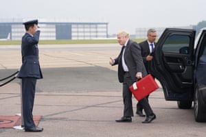 Boris Johnson boarding the RAF Voyager at Stansted airport yesterday for his flight to New York.