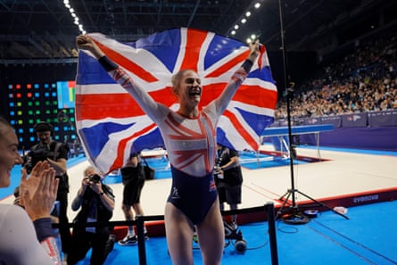 Bryony Page of Great Britain celebrates winning gold in the women’s individual trampoline final