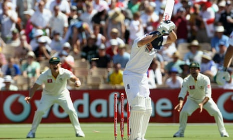 Andrew Strauss is bowled by Doug Bollinger during the Ashes Test at Adelaide in 2010, after leaving the ball on Leamon’s advice.