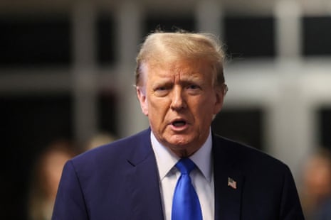 Donald Trump speaks to the media outside of court during his trial for allegedly covering up hush money payments at Manhattan Criminal Court on 22 April 2024 in New York City.