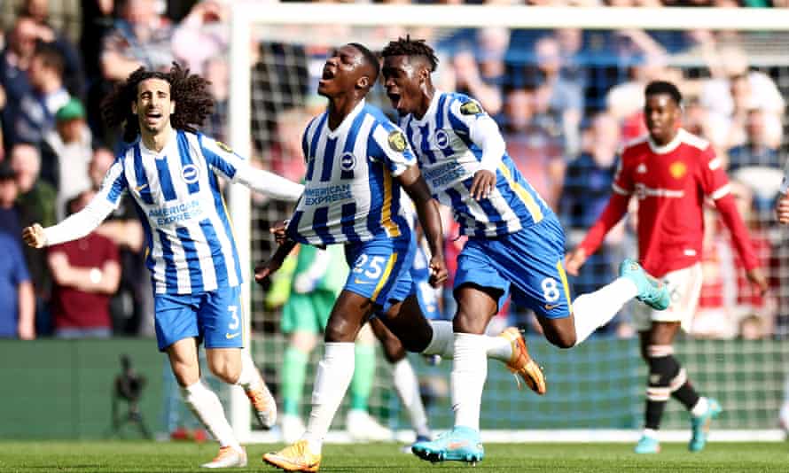 Moisés Caicedo celebrates Brighton’s opening goal against Manchester United.