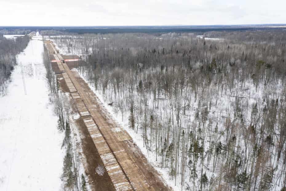 Enbridge contractors work on Line 3 in Aitkin county in Palisade, Minnesota, on 4 February 2021.