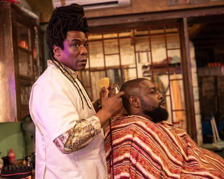 Ariyon Bakare (left) as the Barber in The Story and the Engine.