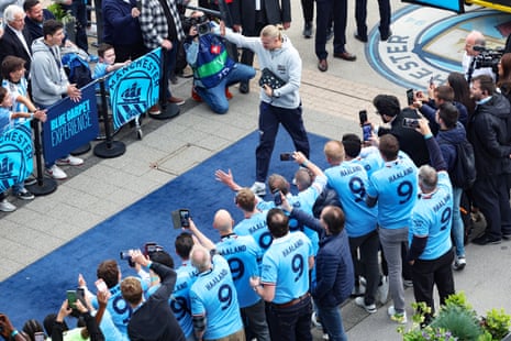 Nordic goalscoring god Erling Haaland arrives at the Etihad Stadium to be greeted by a dizzying array of middle-aged men wearing replica shirts bearing his name.