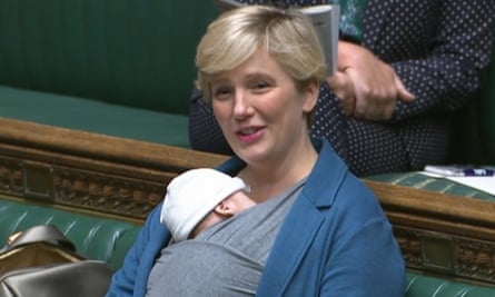 Stella Creasy sits with her newborn son in the chamber of the House of Commons in September