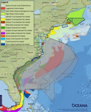 Overlap of proposed seismic airgun blasting areas and essential fish habitat and critical habitat in the Atlantic.
