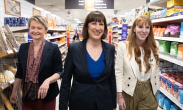 L to R: Shadow home secretary Yvette Cooper, shadow chancellor Rachel Reeves and Labour deputy leader Angela Rayner visit a supermarket in Yarm, Teesdale, on 10 April 2024.