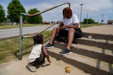 Toriana Hill with her son Nassir Gladney, 3, and their dog, Luna, on 31 May 2023 in Davenport, Iowa.