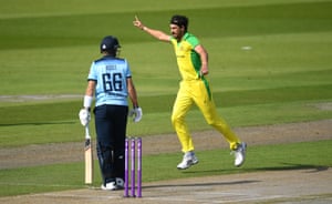 Starc celebrates trapping Root lbw.