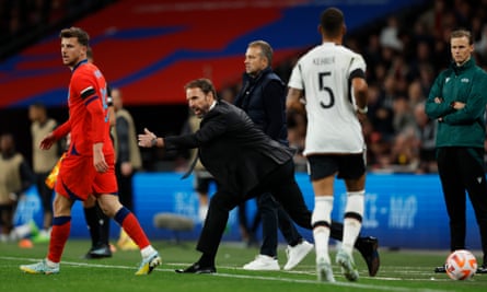 England manager Gareth Southgate urges on his players against Germany at Wembley.