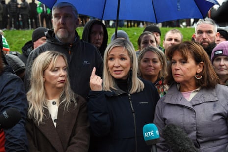 Michelle O'Neill, First Minister of Northern Ireland (C) speaks to the media on September 27, 2026 in Portadown, Northern Ireland.