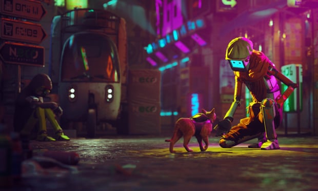 Stray’s in-game cat says hello to a robot.