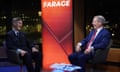 Nigel Farage and Jacob Rees-Mogg smile as they sit in a TV studio next to a sign reading: 'Farage'