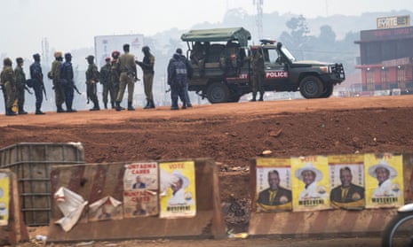 Security forces gather on election day in Kampala, Uganda, in January 2021. 