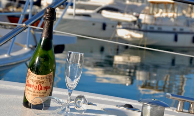 Cava bottle on a yacht in Ibiza, Spain.