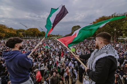 People a protest in support of Palestine in front of the White House in Washington DC on 20 October.