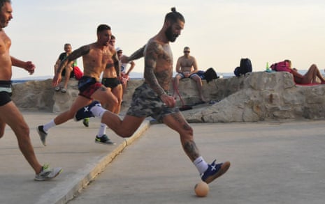 Marko Livaja leads an attack during a game on the seafront pitch at Zvoncac in Split