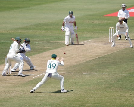 Australia’s Steve Smith catches out South Africa’s Temba Bavuma on day three of the first Test match between South Africa and Australia at the Kingsmead stadium.
