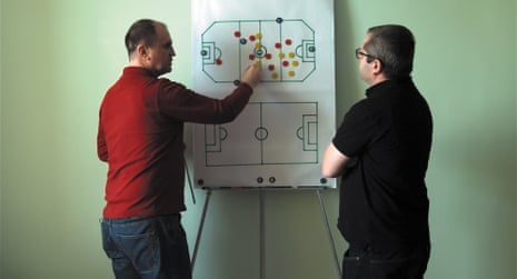 Pitch inversion … Corneliu Porumboiu, right, with Laurențiu Ginghină in Infinite Football.