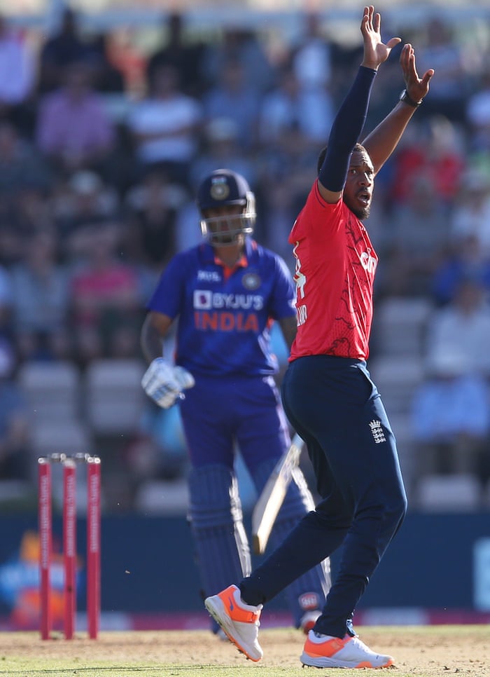 Chris Jordan of England appeals for the wicket of Suryakumar Yadav of India who is eventually given out caught by Jos Buttler after an England appeal.