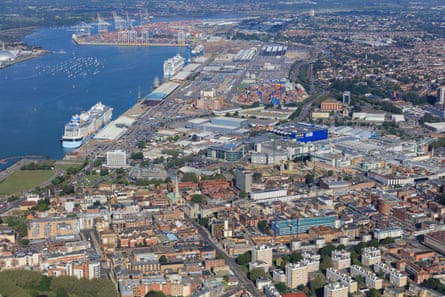 Aerial view of Southampton city centre and docks in 2015