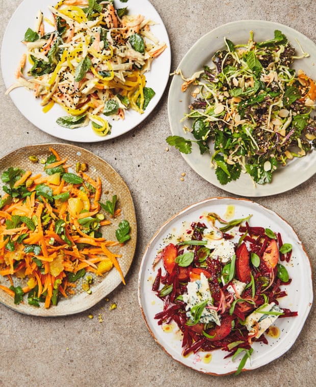 Yotam Ottolenghi’s beautiful salads (clockwise from top left): root vegetables with mango and curried yoghurt; hispi cabbage and kalette slaw; beetroot, plum and Dolcelatte salad; Moroccan carrot salad with orange and pistachio.
