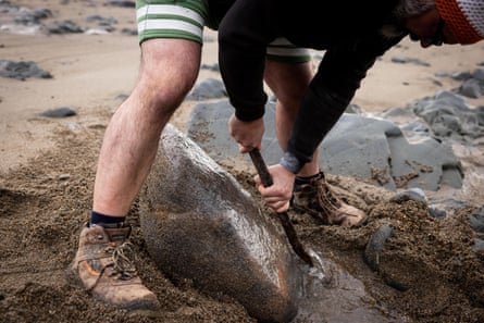 David Keohan uses a crowbar to dig a boulder from the sand