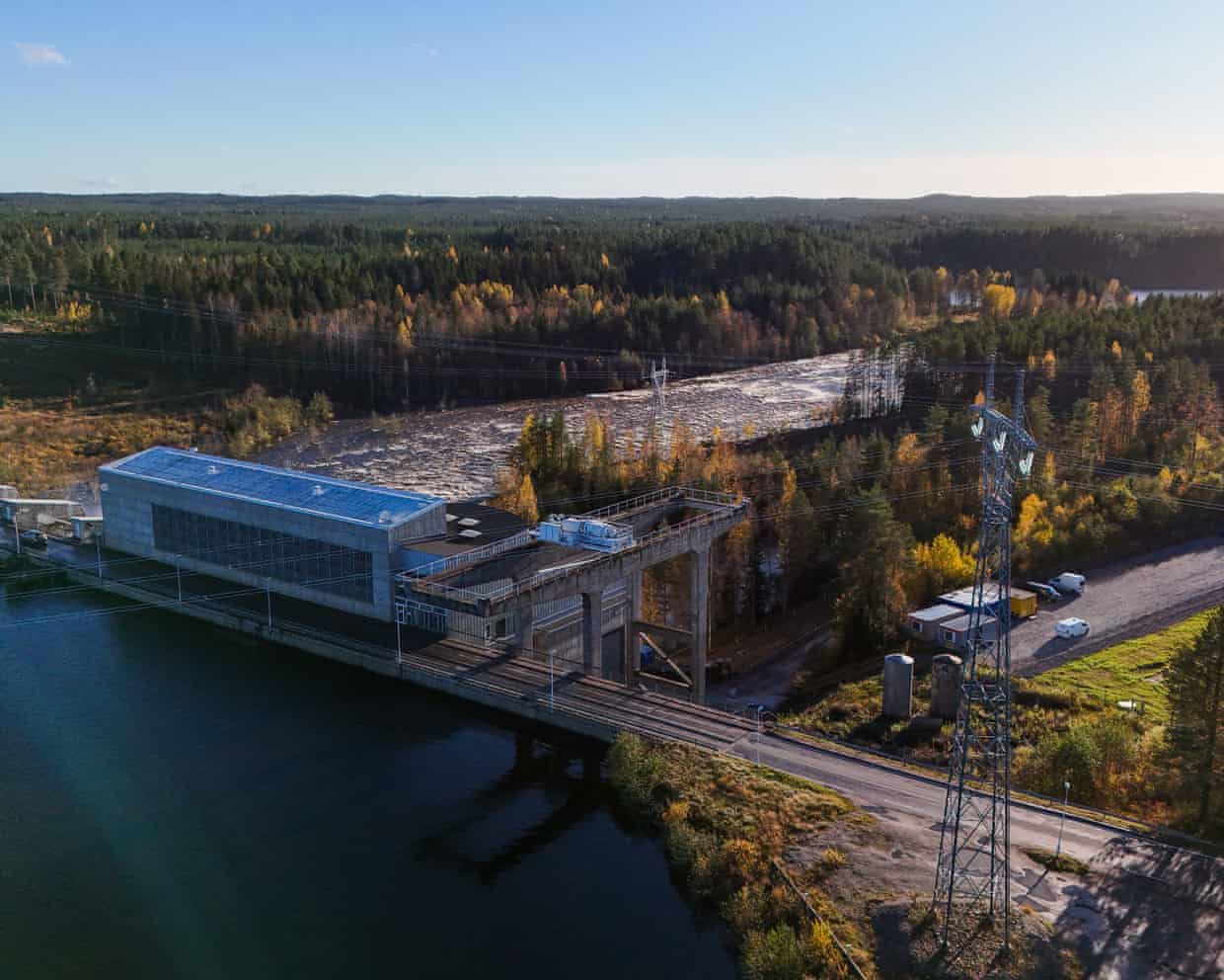 Aerial view of a dam and power station on the Oulu River in Finland