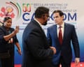 US Secretary of State Marco Rubio shakes hands with Guyana's President Mohamed Irfaan Ali at a four-day meeting of Caribbean leaders