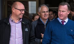 Eric Hutchinson with Malcolm Turnbull and Tasmanian premier, Will Hodgman, visiting flood-affected areas in northern Tasmania during the election campaign.