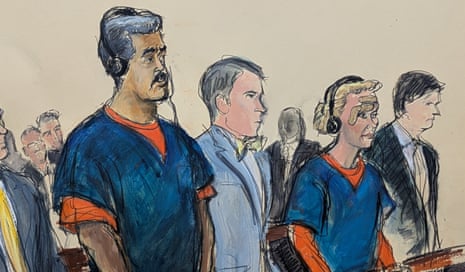 Venezuelan President Nicolas Maduro, left, and his wife, Cilia Flores, second from right, appear in Manhattan federal court with their defense attorneys Mark Donnelly, second from left, and Andres Sanchez, Monday, Jan. 5, 2026, in New York.